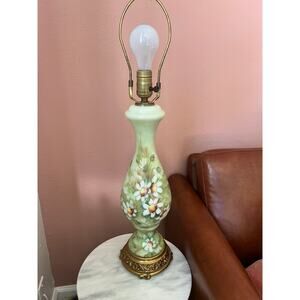 Vintage Hand Painted Daisy Soft Green Lamp Gold Brass Base